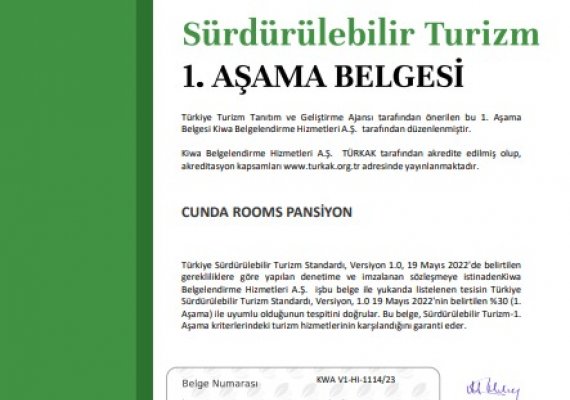 Cunda Rooms Sürdürülebilir Turizm Belgesi